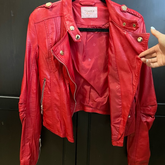 womens red faux leather biker jacket toxik fashion size medium - Picture 13 of 16